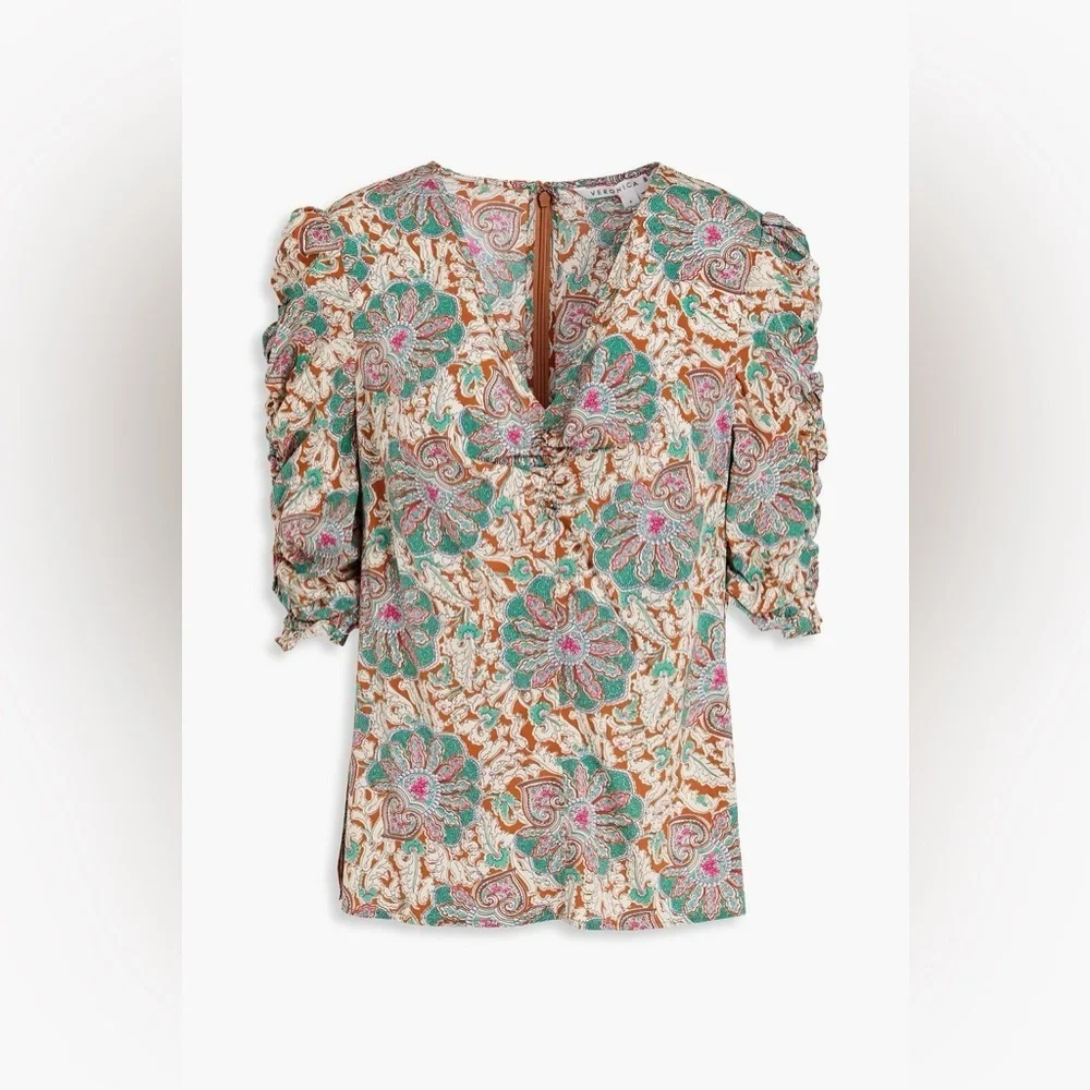 VERONICA BEARD Henrieta Ruched Paisley-print Stretch Silk Blouse Size 6 - Picture 2 of 14